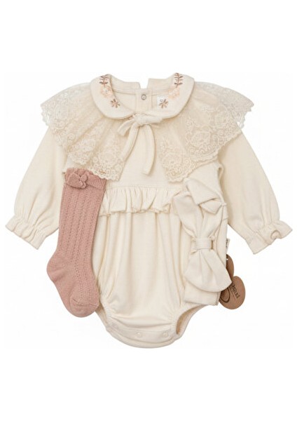 %100 Pamuk Bebek Şort Tulum Seti – Sök Tak Dantel Yaka & Saç Bandı – Krem Bej