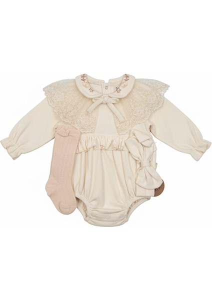 %100 Pamuk Bebek Şort Tulum Seti – Sök Tak Dantel Yaka & Saç Bandı – Krem Bej modelleri