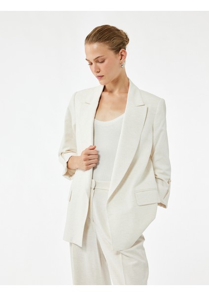 Keten Karışımlı Cepli Kıvırmalı 3/4 Kollu Blazer Ceket