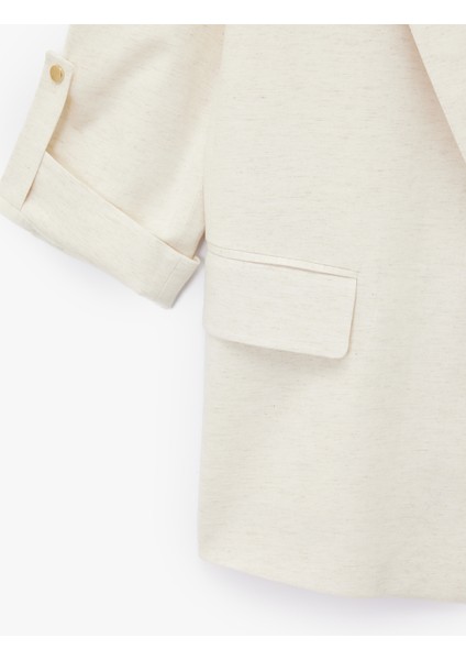 Keten Karışımlı Cepli Kıvırmalı 3/4 Kollu Blazer Ceket