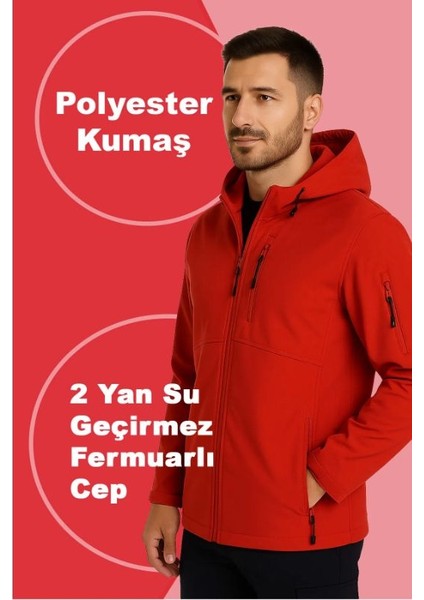 Kırmızı Kışlık Softshell Mont - Iş Montu ve Elbisesi 3 Cepli ve Iç Cepli Içi Polarlı