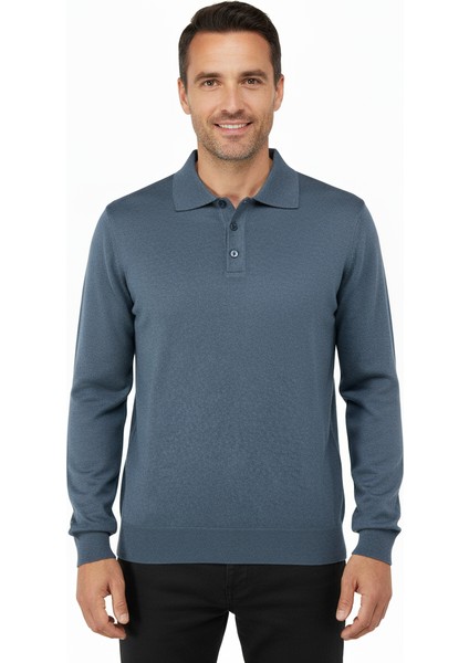 Erkek Yünlü Dokuma Kazak Cepsiz Polo Yaka Düz Renk Klasik Model Rahat Kesim Tam Kalıp