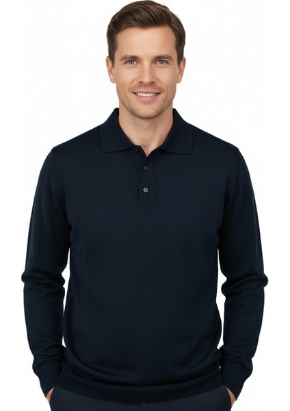 Erkek Yünlü Dokuma Kazak Cepsiz Polo Yaka Düz Renk Klasik Model Rahat Kesim Tam Kalıp