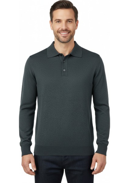 Erkek Yünlü Dokuma Kazak Cepsiz Polo Yaka Düz Renk Klasik Model Rahat Kesim Tam Kalıp