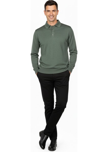 Erkek Yünlü Dokuma Kazak Cepsiz Polo Yaka Düz Renk Klasik Model Rahat Kesim Tam Kalıp