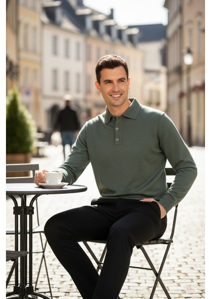 Erkek Yünlü Dokuma Kazak Cepsiz Polo Yaka Düz Renk Klasik Model Rahat Kesim Tam Kalıp indirimleri