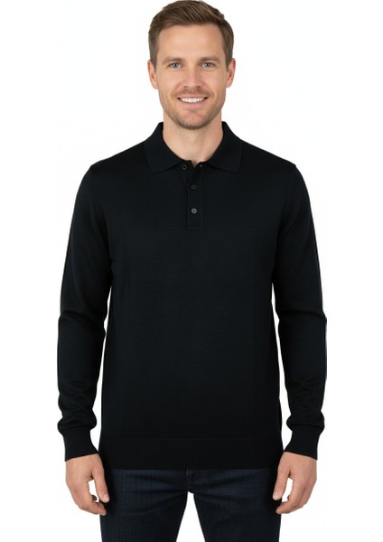 Erkek Yünlü Dokuma Kazak Cepsiz Polo Yaka Düz Renk Klasik Model Rahat Kesim Tam Kalıp