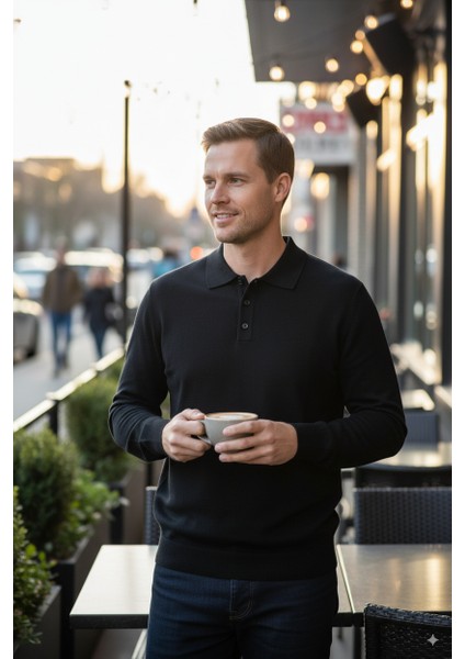 Erkek Yünlü Dokuma Kazak Cepsiz Polo Yaka Düz Renk Klasik Model Rahat Kesim Tam Kalıp indirimleri