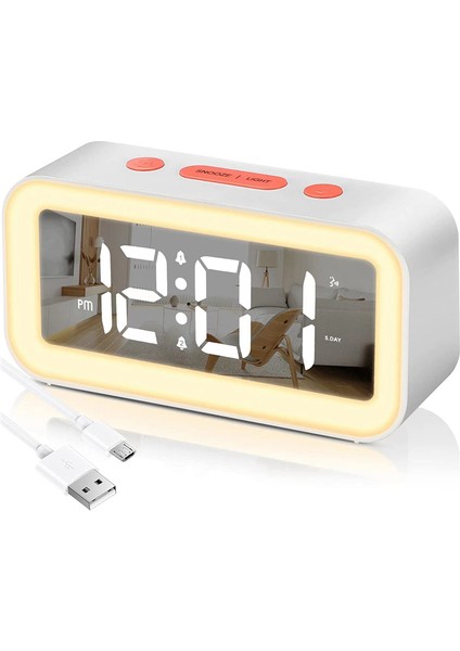 Dijital Çalar Saat, Ayarlanabilir Parlaklık Aynası Elektronik LED Saat, Yatak Odaları Için 12/24 Saat Çalar Saatler (Beyaz) (Yurt Dışından)
