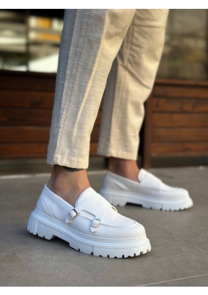 Bağcıksız Çift Tokalı Erkek Casual Ayakkabı Beyaz (Beyaz Taban)