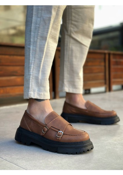 Bağcıksız Çift Tokalı Erkek Casual Ayakkabı Taba (Siyah Taban)