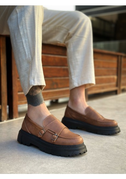 Bağcıksız Çift Tokalı Erkek Casual Ayakkabı Taba (Siyah Taban) modelleri