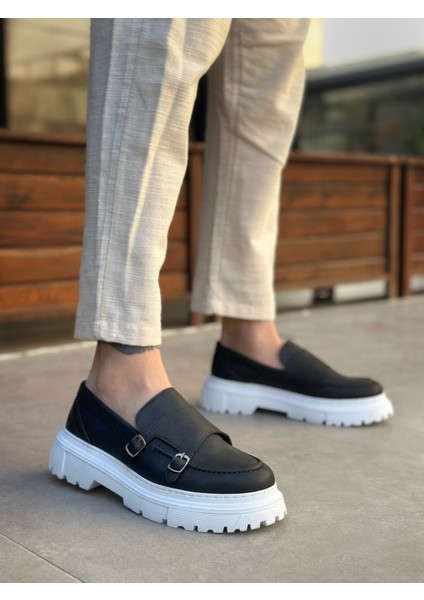 Bağcıksız Çift Tokalı Erkek Casual Ayakkabı Siyah (Beyaz Taban)