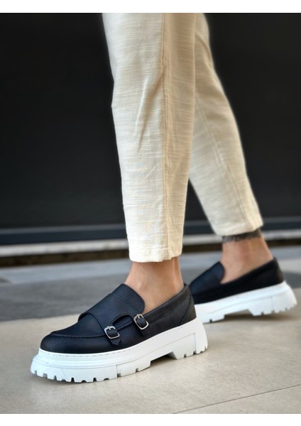 Bağcıksız Çift Tokalı Erkek Casual Ayakkabı Siyah (Beyaz Taban) fiyatları