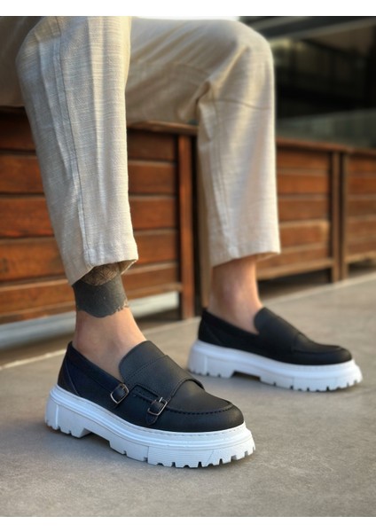 Bağcıksız Çift Tokalı Erkek Casual Ayakkabı Siyah (Beyaz Taban) modelleri