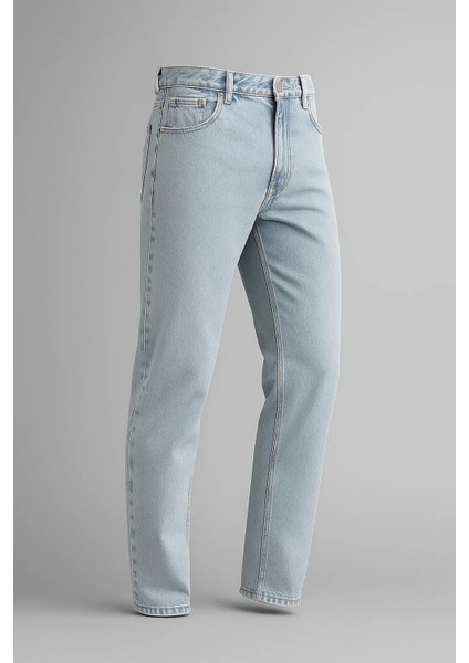 Erkek Yüksek Bel Bol Paça Buz Mavi Kot Pantolon