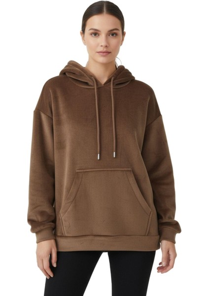 Taba Kadın Peluş Kanguru Cepli Kapüşonlu Sweatshirt 3061A