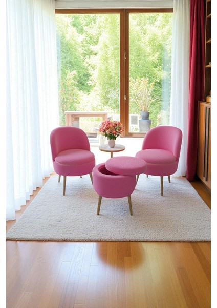 Valerıa Yeni Teddy Berjer & Puf 3’lü Takım – Salon, Balkon ve Ofis Için Konforlu Çay Seti
