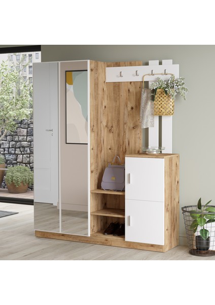 Wood Aynalı Askılı Kapaklı Vestiyer Portmanto Ayakkabılık Çam-Beyaz