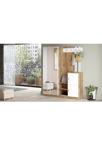 Wood Aynalı Askılı Kapaklı Vestiyer Portmanto Ayakkabılık Çam-Beyaz fırsatları