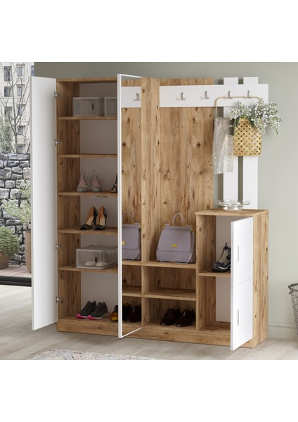 Wood Aynalı Askılı Kapaklı Vestiyer Portmanto Ayakkabılık Çam-Beyaz modelleri