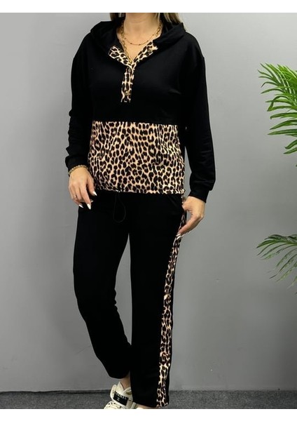 Kadın Uzun Kollu Leopar Detay Sweat ve Yanı Leopar Şerit Detay Pantolon Ikili Takım