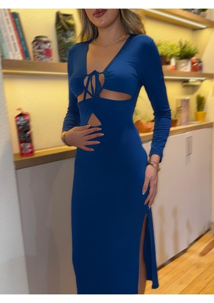 Kadın Uzun Kollu Göğüs ve Göbek Dekolte Detay Sandy Midi Boy Elbise modelleri