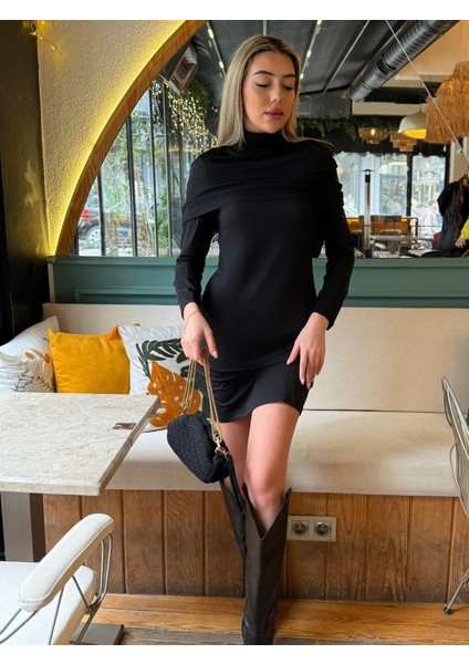 Kadın Uzun Kollu Balıkçı Yaka Omuz Katlamalı Dalgıç Kısa Elbise indirimleri