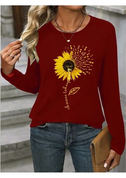 Kadın Uzun Kollu Bisiklet Yaka Ayçiçeği Desenli Viskon Bluz