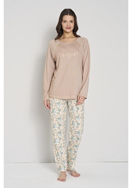 Kadın Kahverengi Uzun Kol Baskılı Pijama Takımı C2T0N91