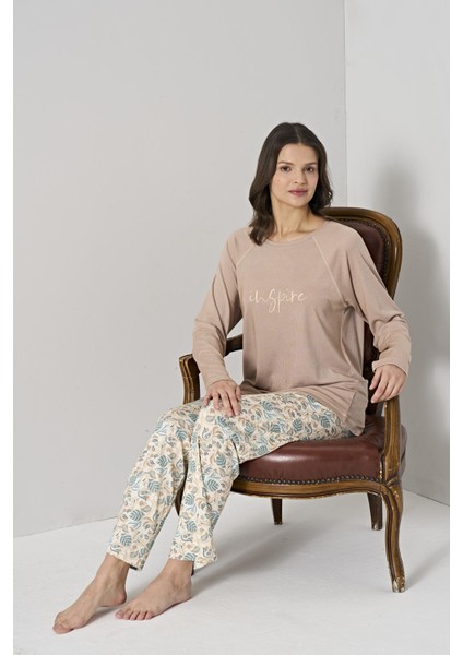 Kadın Kahverengi Uzun Kol Baskılı Pijama Takımı C2T0N91 fırsatları