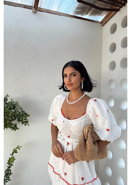 Ezel Glory Nar Çiçeği Dantel Detaylı Brode Elbise fiyatları