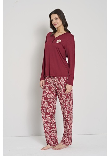 Kadın Büyük Beden Bordo Düğmeli Yaka Çiçek Desenli Pijama Takımı C4T0N91 fiyatları