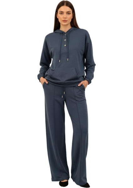 İndigo Cepli Kapüşonlu Tunik Pantolon Takımı 8105A