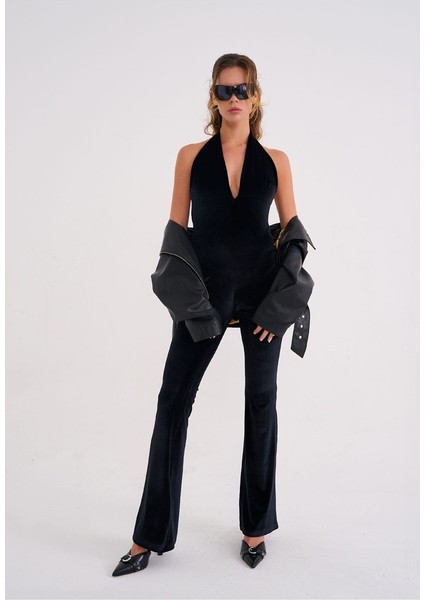 Sırt Dekolteli Kadife Tulum