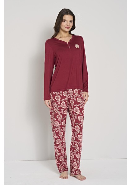 Kadın Bordo Düğmeli Yaka Çiçek Desenli Pijama Takımı C4T0N91