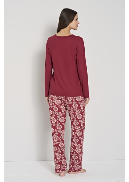 Kadın Bordo Düğmeli Yaka Çiçek Desenli Pijama Takımı C4T0N91 modelleri