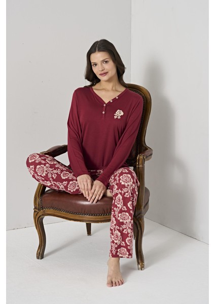Kadın Bordo Düğmeli Yaka Çiçek Desenli Pijama Takımı C4T0N91 fırsatları