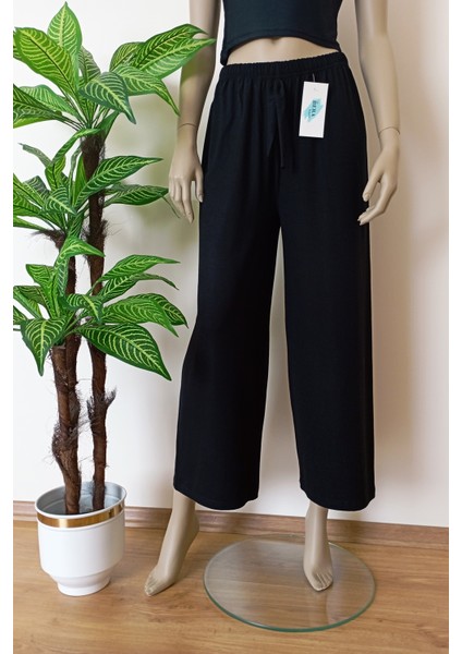 Kadın Düz Renk Geniş Paça Pamuklu Penye Basic Pantolon