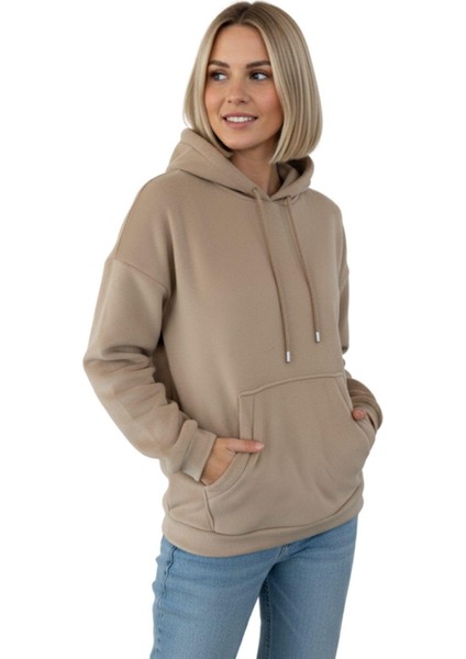 Vizon Kadın Peluş Kanguru Cepli Kapüşonlu Sweatshirt 3061A