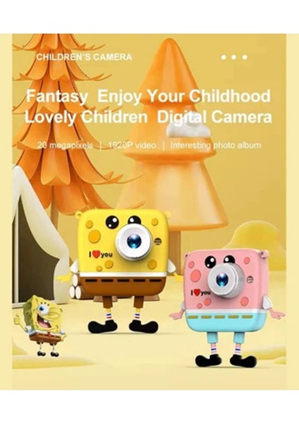 Sünger Bob Tasarımlı Yeni Nesil Çocuk Dijital Mini Fotoğraf Makinesi Çift Kamera 20 Mp modelleri