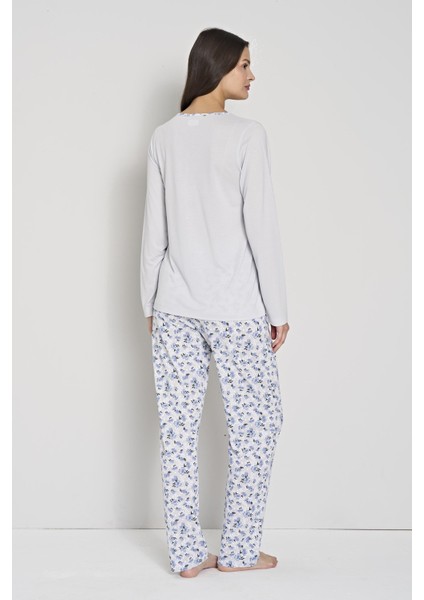 Kadın Mavi Renk Çiçek Desenli Düğmeli Yaka Uzun Kollu Pijama Takımı C6T0N91 modelleri