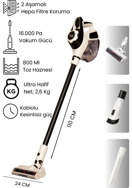 KS16 2'si 1 Arada Ac Motor Toz Torbasız Hepa Filtreli Dikey Elektrikli Süpürge