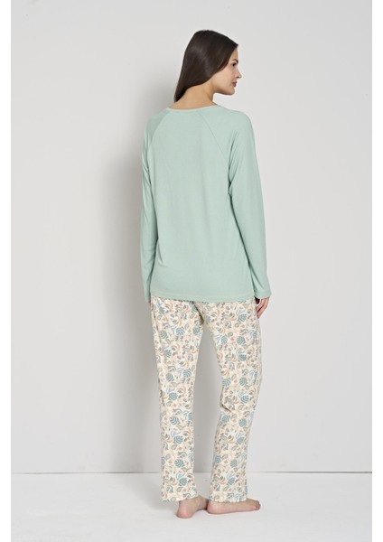 Kadın Yeşil Uzun Kol Baskılı Pijama Takımı C2T0N91 modelleri