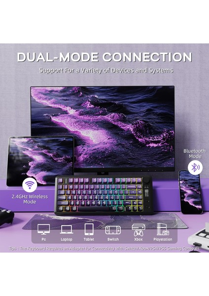 Freewolf M75 Kablosuz Bt+2.4ghz OLED Tft Ekranlı Membran Reinbow Aydınlatmalı Gaming Oyuncu Klavye