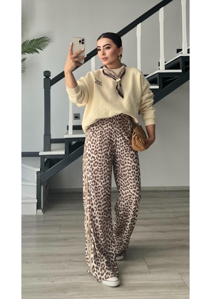 Leopar Desen Saten Pantolon