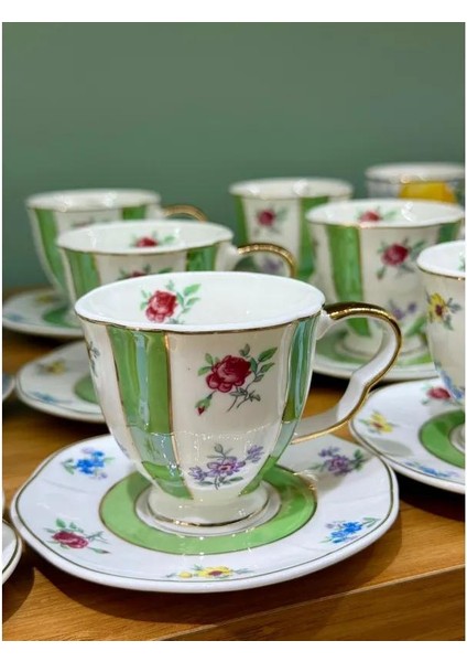 Royking 6lı Yeşil Çizgili Kahve Fincanı MSKF71