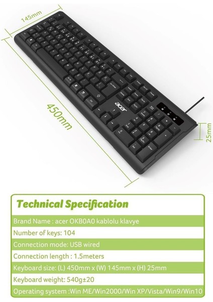 OAK-0A0 Siyah Kablolu Sessiz Tuşlu Klavye (Caps Lock) (Kablo Uzunluğu 1.50CM) Caps Lock