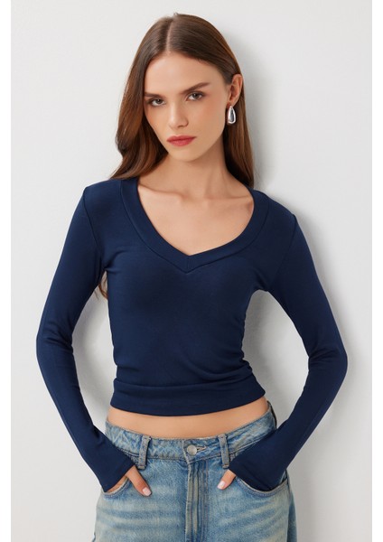 V Yaka Saran Basic Modal Bluz LMW0029 Lacivert