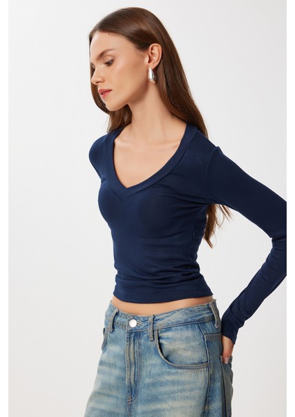 V Yaka Saran Basic Modal Bluz LMW0029 Lacivert fiyatları